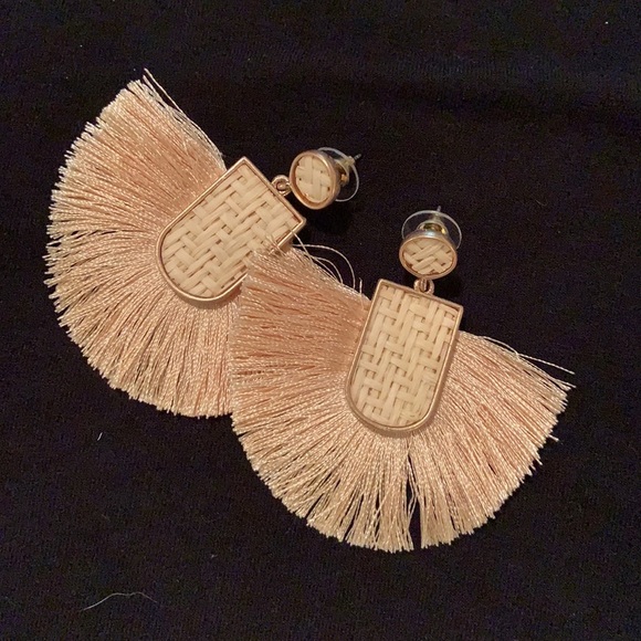 15. Earrings:  tan colored tassels with woven detail - Picture 11 of 11